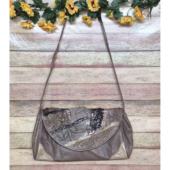 Vintage 80s Eleganza by JJ Purse Envelope Handbag Genuine Leather Brown Snakeski - Picture 1 of 10